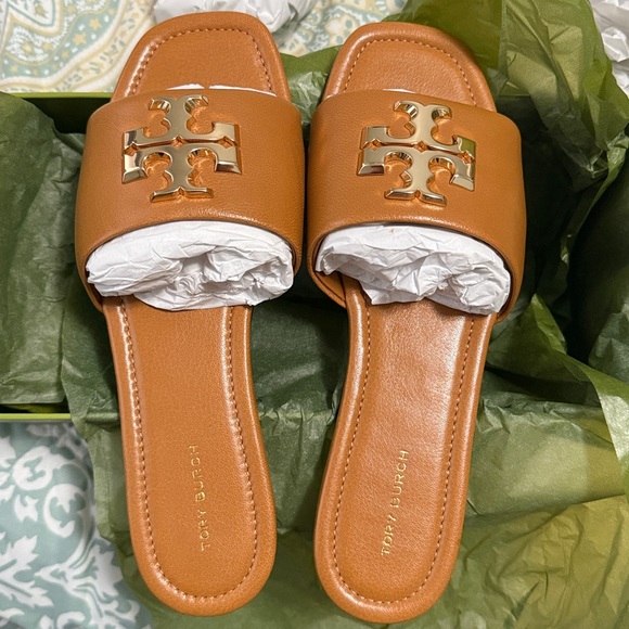 Tory Burch Shoes - Tory Burch Tan Slides with Gold Details